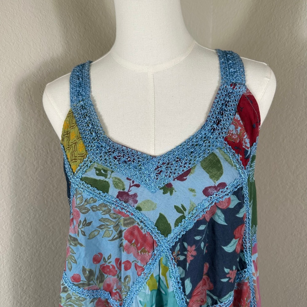 Advance Patchwork Midi Dress Womens OS Blue Floral Crochet Trim Boho Cottagecore - Picture 3 of 8